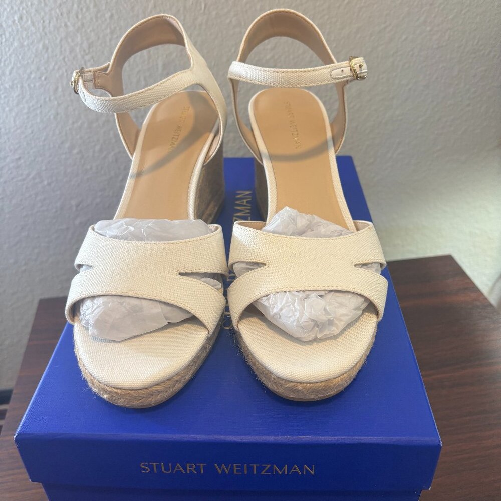 NIB STUART WEITZMAN Cream Mykonos canvas espadrille wedge sandals size 9 (39.5)